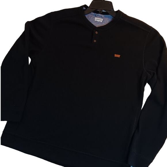 Levis Henley Sweater Mens Large Black Lightweight Textured Stressed Casual - Picture 3 of 12
